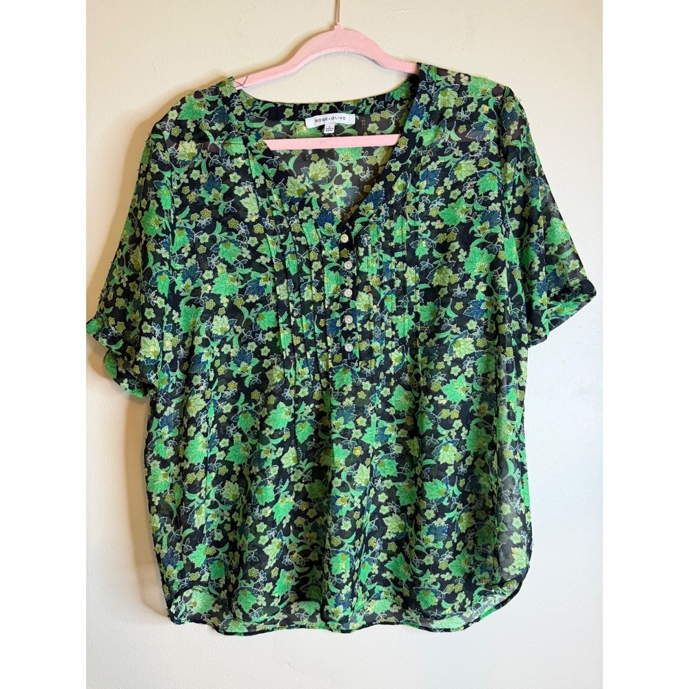 Rose + Olive Womens Large Floral Blouse Green Sheer Botanical Button Front Boho